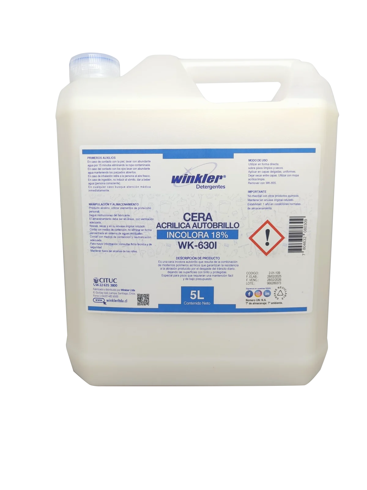 Cera Acrilica Autobrillo Incolora 18 % Env. 5 L. Wk-630I